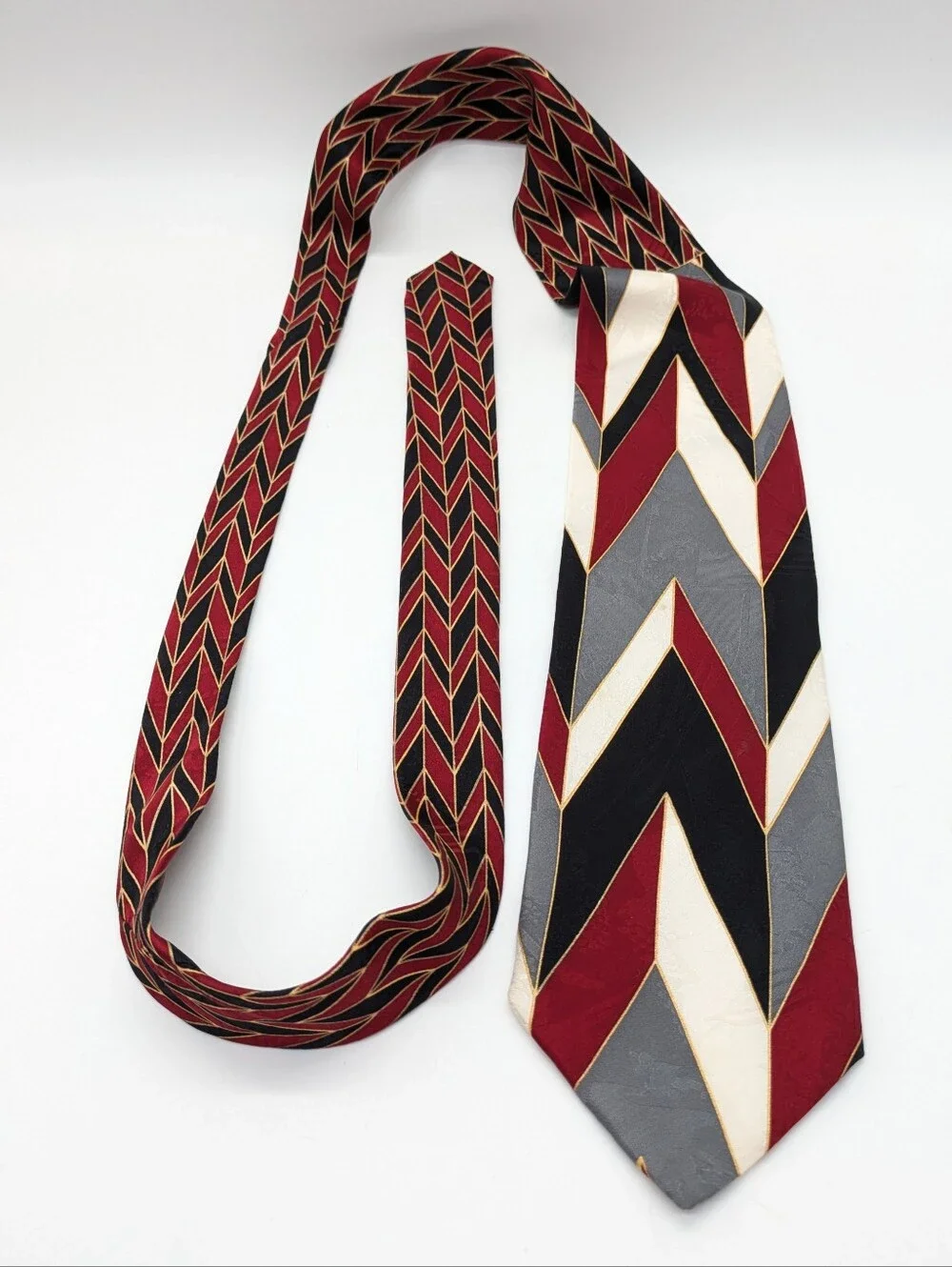 Vintage Paul Cicchini Fratelli Black Red Grey Geometric Silk Tie